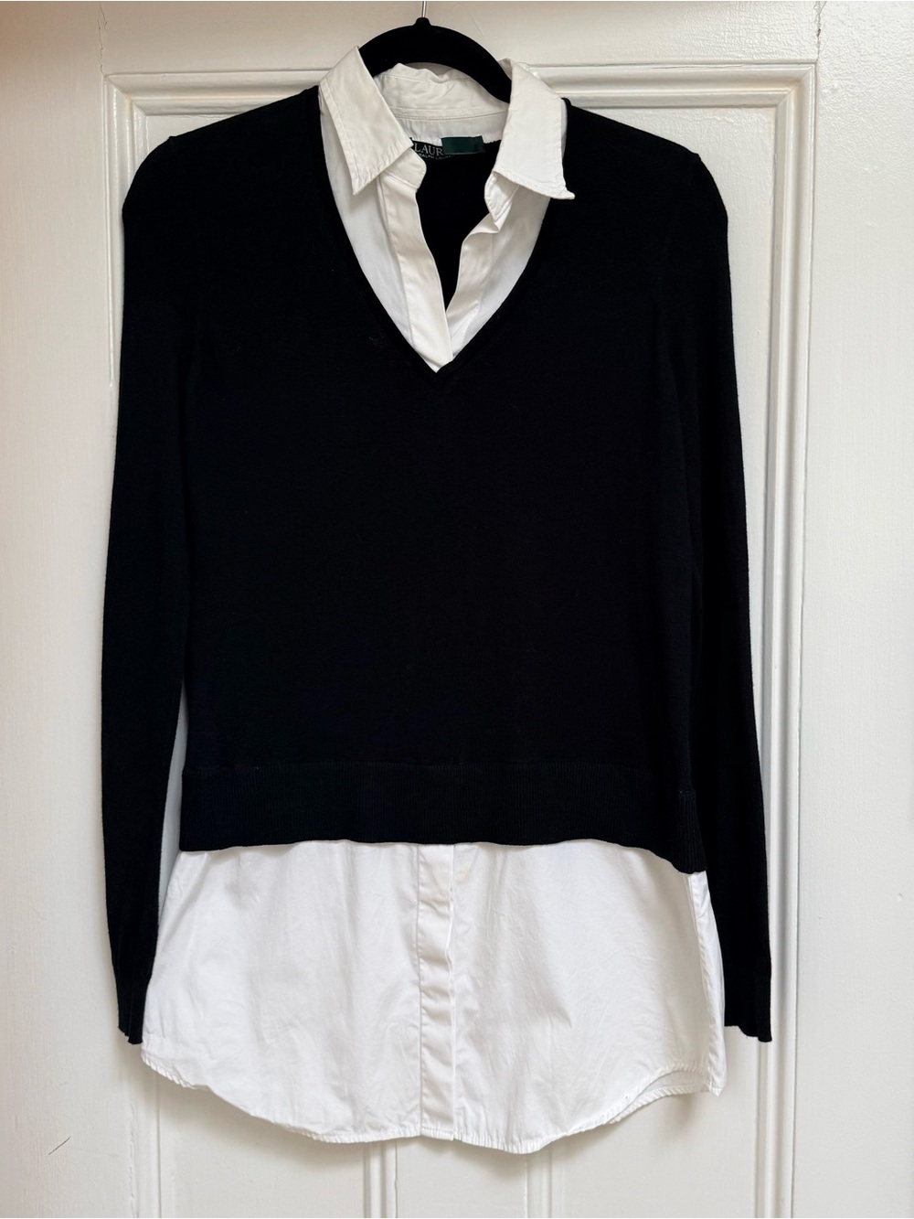 Ralph Lauren Black V-Neck Sweater with Attached White Shirt Hem, size S